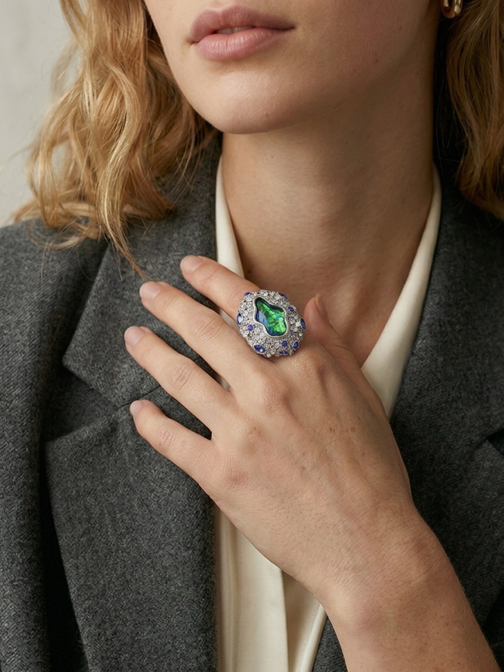 Green Statement Cocktail Ring with Blue Accents size 7/8